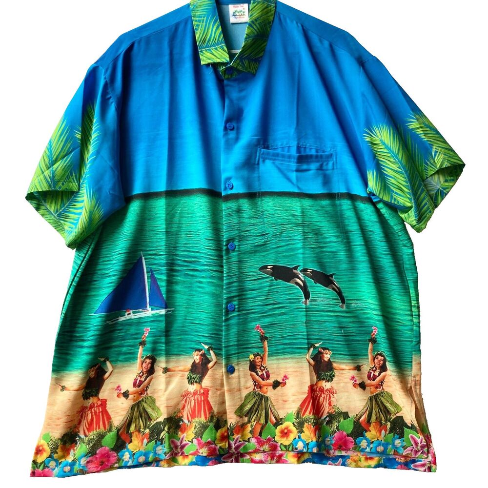 Vtg Happy Day Mens Hawaiian Camp Shirt Tiki Hula Whale Sailboat Size L Terivoile